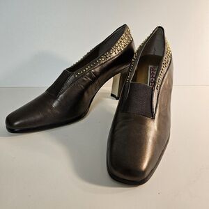 Stefani Size 7.5 Sarah Bronze Brown Pumps 3" Block‎ Heel w/ Beaded Detail NEW